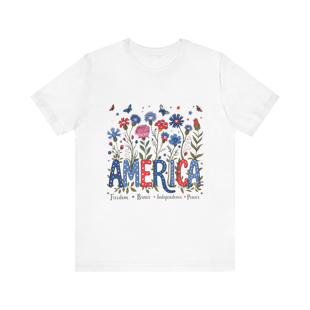 America Patriotic Floral Tee - America Bold Design, Freedom Shirt, Independence Day Apparel