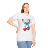 Load image into Gallery viewer, Red, White, and Blue Cherry Bow America Tee
