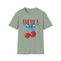 Load image into Gallery viewer, Red, White, and Blue Cherry Bow America Tee
