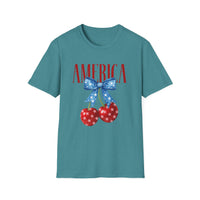 Load image into Gallery viewer, Red, White, and Blue Cherry Bow America Tee
