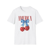Load image into Gallery viewer, Red, White, and Blue Cherry Bow America Tee
