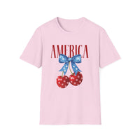 Load image into Gallery viewer, Red, White, and Blue Cherry Bow America Tee
