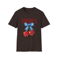 Load image into Gallery viewer, Red, White, and Blue Cherry Bow America Tee
