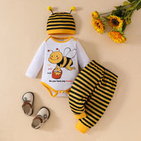 Load image into Gallery viewer, Infant Baby Clothes Sets Boys Girls Long Sleeve Cartoon Prints Romper Bodysuit Striped Pants Hat 3Pieces Outfits Baby Clothing
