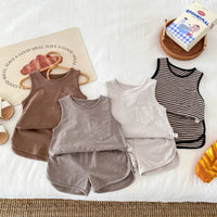 Load image into Gallery viewer, Kids Boy 2 Piece Outfits Solid Color/Stripe Print Sleeveless Tank Tops and Elastic Shorts Set Summer Clothes
