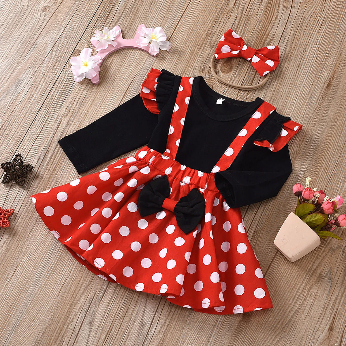 Children Outfit Baby Clothing Set Girl Summer Birthday Costume Kids Dots Tops Skirt Minnie Cosplay Dress with Headband