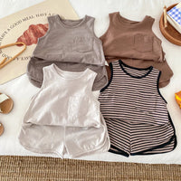 Load image into Gallery viewer, Kids Boy 2 Piece Outfits Solid Color/Stripe Print Sleeveless Tank Tops and Elastic Shorts Set Summer Clothes
